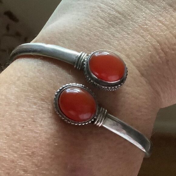 STERLING SILVER 925 RED CARNELIAN BANGLE WOMAN BRACELET - Picture 8 of 11
